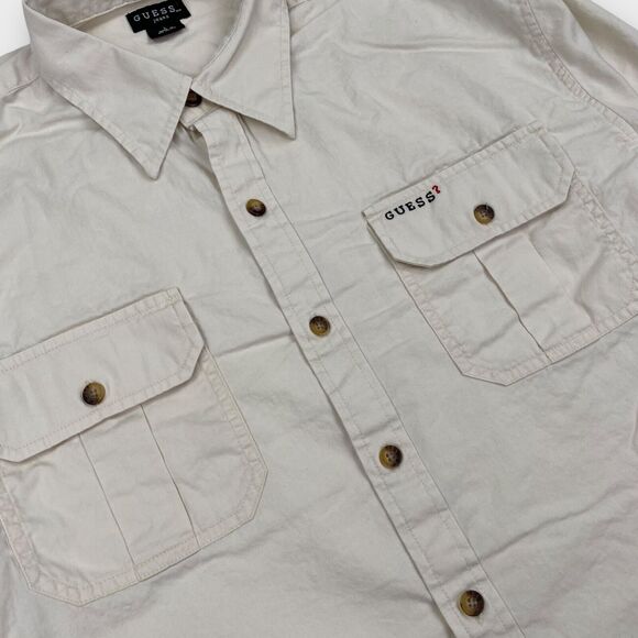 VINTAGE 90s Guess Shirt Mens Large Cream Twill Button Up Logo Casual Classic Fit - Picture 7 of 15